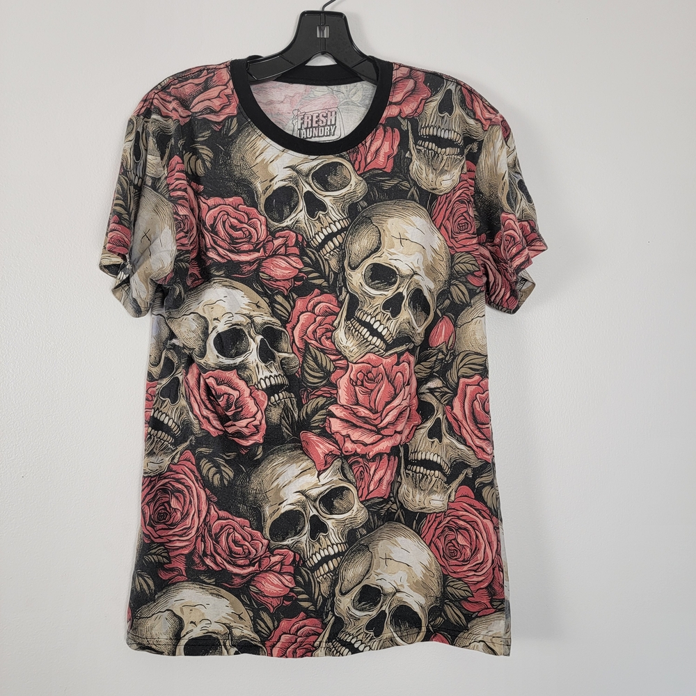Fresh Laundry Large Skull & Rose Print Unisex Short Sleeve Tee M Gothic